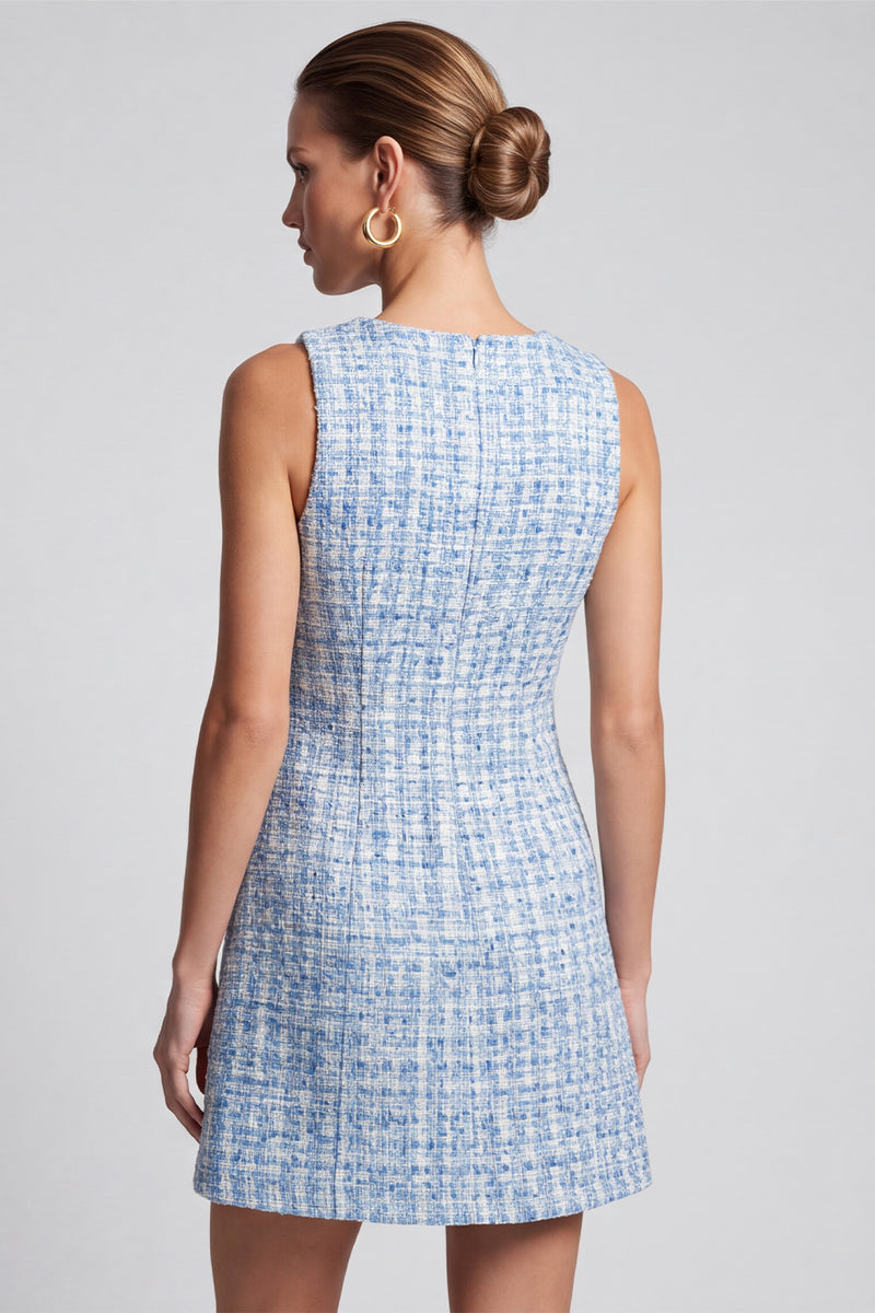 Laden Sie das Bild in den Galerie-Viewer, Hellblaues ärmelloses Tweed‑Minikleid mit Quadratausschnitt