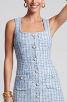 Laden Sie das Bild in den Galerie-Viewer, Hellblaues ärmelloses Tweed‑Minikleid mit Quadratausschnitt