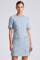 Laden Sie das Bild in den Galerie-Viewer, Hellblaues Kariertes Tweed‑Kleid mit Kurzärmeln