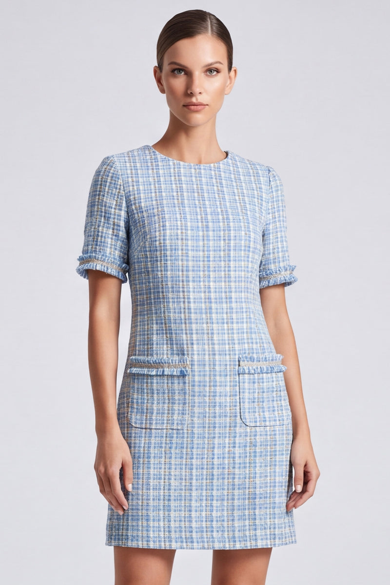 Laden Sie das Bild in den Galerie-Viewer, Hellblaues Kariertes Tweed‑Kleid mit Kurzärmeln