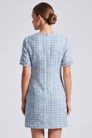 Laden Sie das Bild in den Galerie-Viewer, Hellblaues Kariertes Tweed‑Kleid mit Kurzärmeln