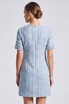 Hellblaues Kariertes Tweed‑Kleid mit Kurzärmeln