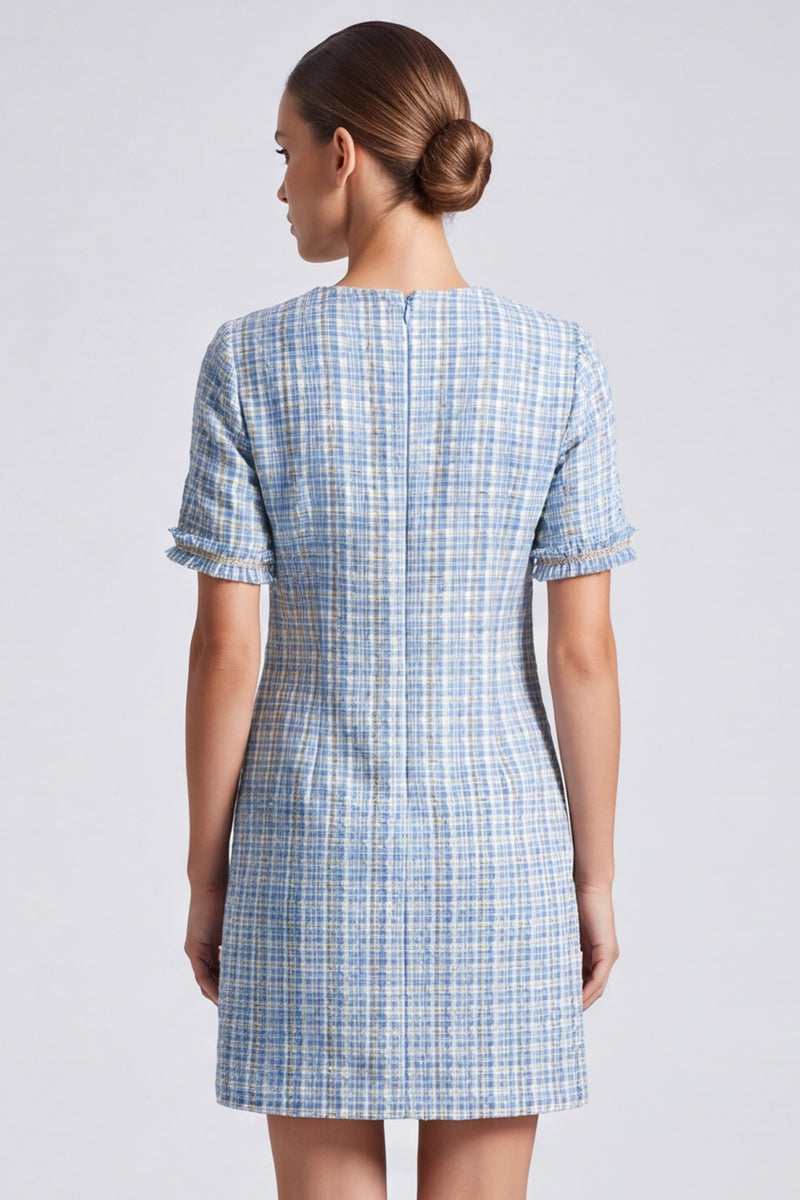 Laden Sie das Bild in den Galerie-Viewer, Hellblaues Kariertes Tweed‑Kleid mit Kurzärmeln