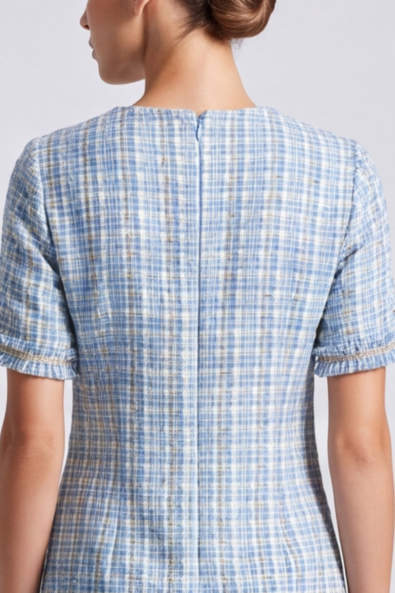 Laden Sie das Bild in den Galerie-Viewer, Hellblaues Kariertes Tweed‑Kleid mit Kurzärmeln