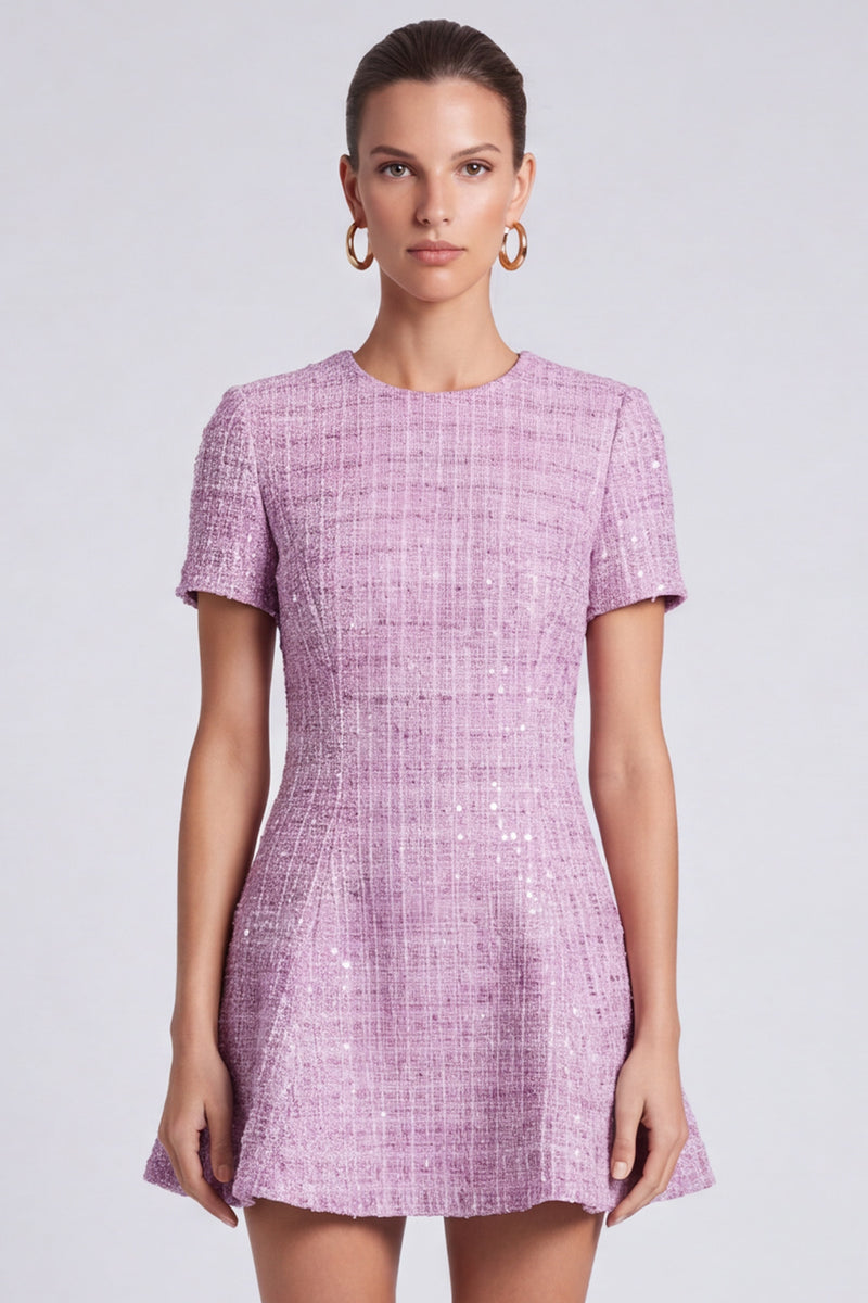 Laden Sie das Bild in den Galerie-Viewer, Flieder Tweed‑Minikleid mit Kurzärmeln