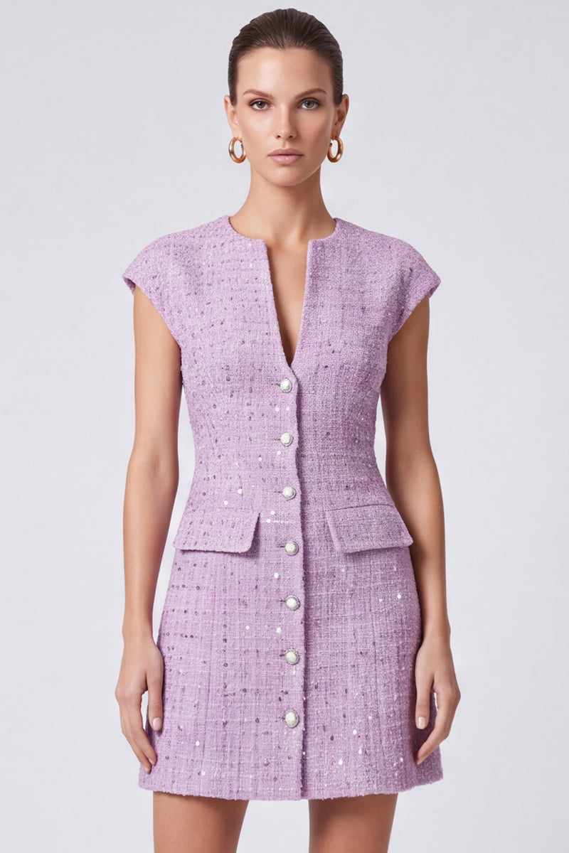 Laden Sie das Bild in den Galerie-Viewer, Flieder Business Tweed‑Minikleid mit Knöpfen