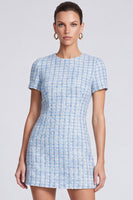 Laden Sie das Bild in den Galerie-Viewer, Hellblaues Business Tweed‑Minikleid mit Kurzärmeln