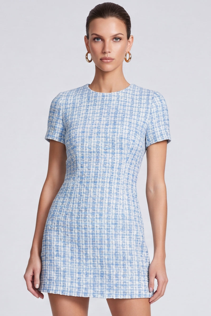 Laden Sie das Bild in den Galerie-Viewer, Hellblaues Business Tweed‑Minikleid mit Kurzärmeln