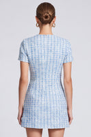 Laden Sie das Bild in den Galerie-Viewer, Hellblaues Business Tweed‑Minikleid mit Kurzärmeln
