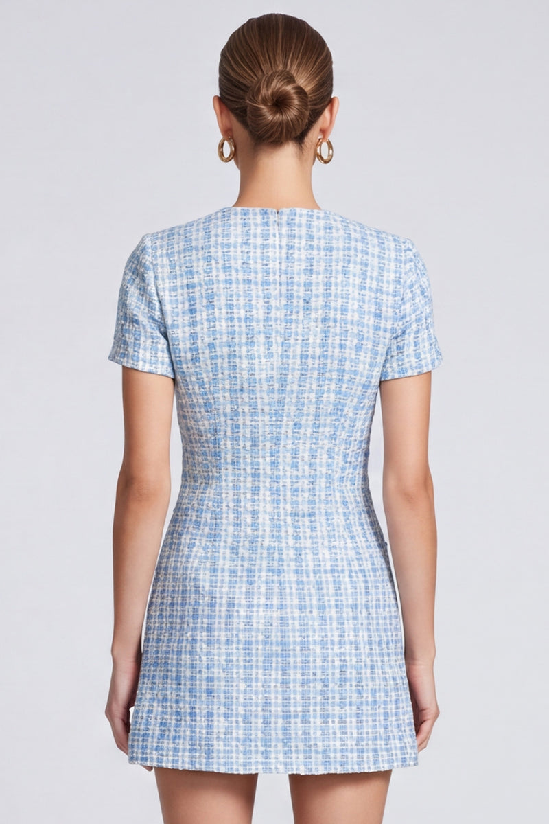 Laden Sie das Bild in den Galerie-Viewer, Hellblaues Business Tweed‑Minikleid mit Kurzärmeln