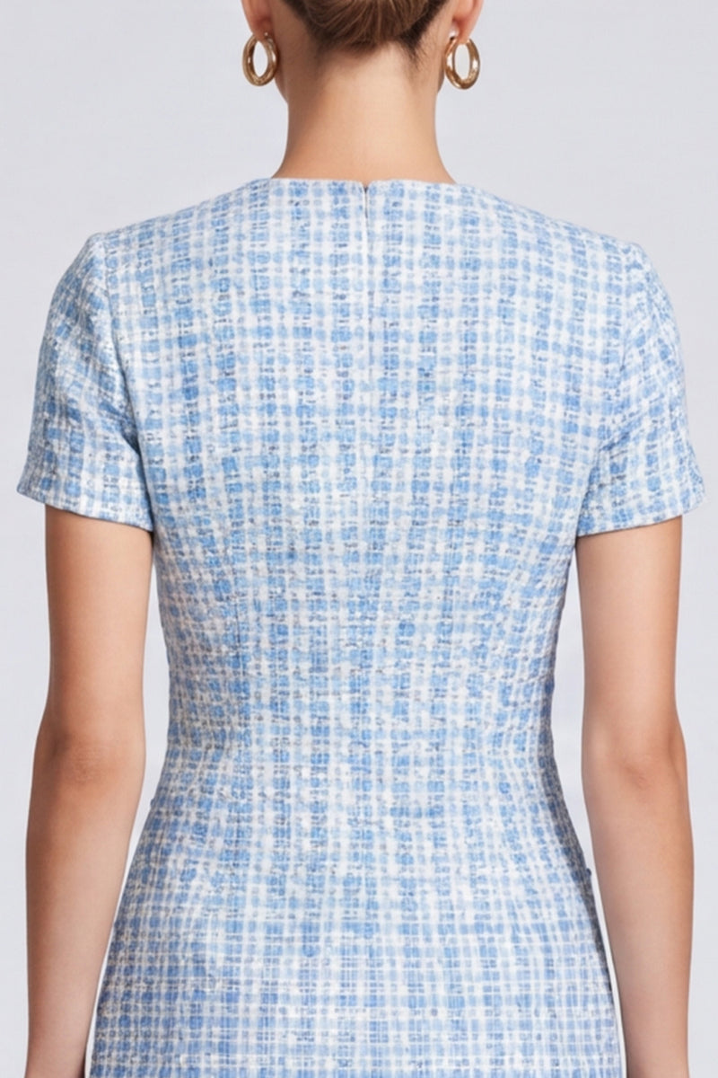 Laden Sie das Bild in den Galerie-Viewer, Hellblaues Business Tweed‑Minikleid mit Kurzärmeln
