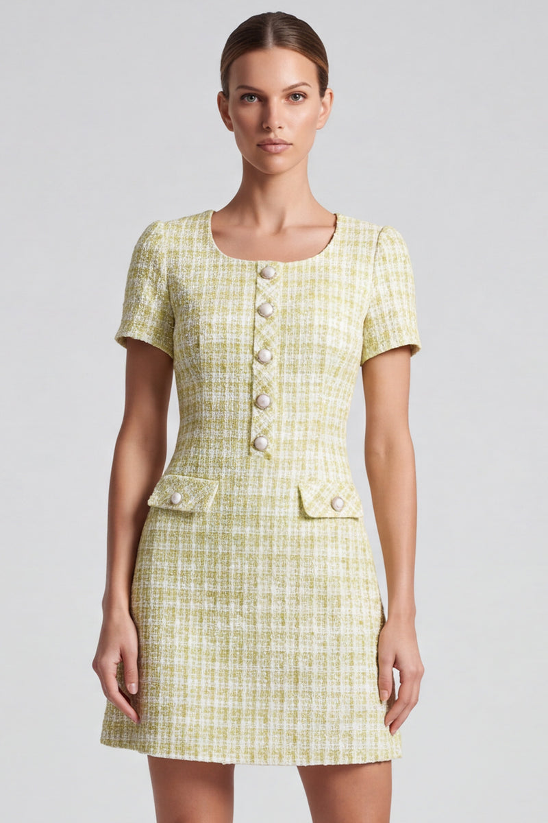 Laden Sie das Bild in den Galerie-Viewer, Hellgelbes Business Tweed‑Minikleid mit Perlenknöpfen