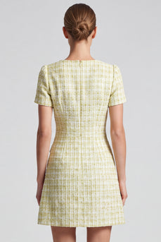 Hellgelbes Business Tweed‑Minikleid mit Perlenknöpfen
