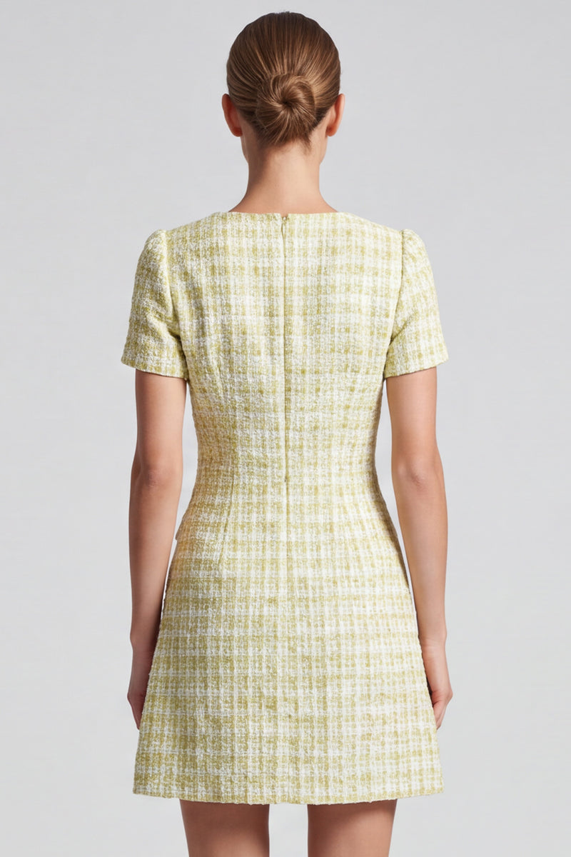 Laden Sie das Bild in den Galerie-Viewer, Hellgelbes Business Tweed‑Minikleid mit Perlenknöpfen