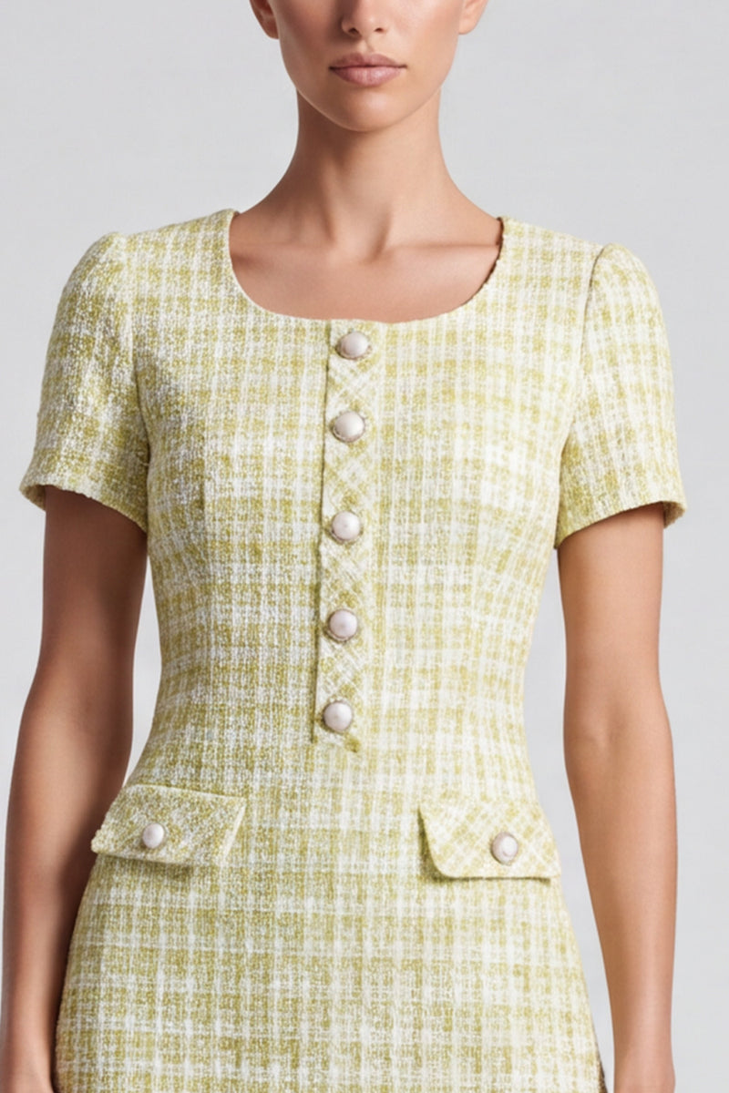 Laden Sie das Bild in den Galerie-Viewer, Hellgelbes Business Tweed‑Minikleid mit Perlenknöpfen