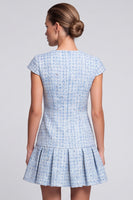 Laden Sie das Bild in den Galerie-Viewer, Hellblaues Tweed‑Minikleid mit Plisseerock