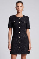 Laden Sie das Bild in den Galerie-Viewer, Schwarzes Business Tweed‑Minikleid mit Perlenknöpfen