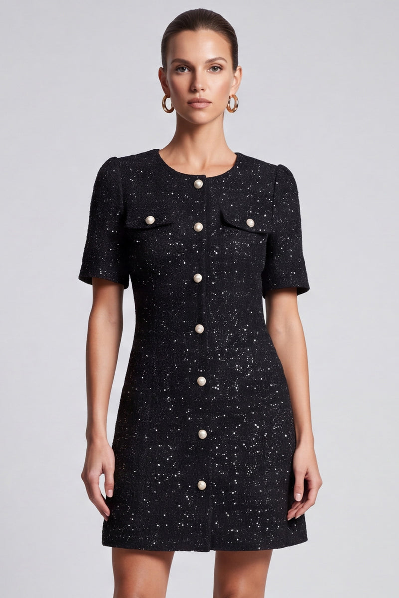 Laden Sie das Bild in den Galerie-Viewer, Schwarzes Business Tweed‑Minikleid mit Perlenknöpfen