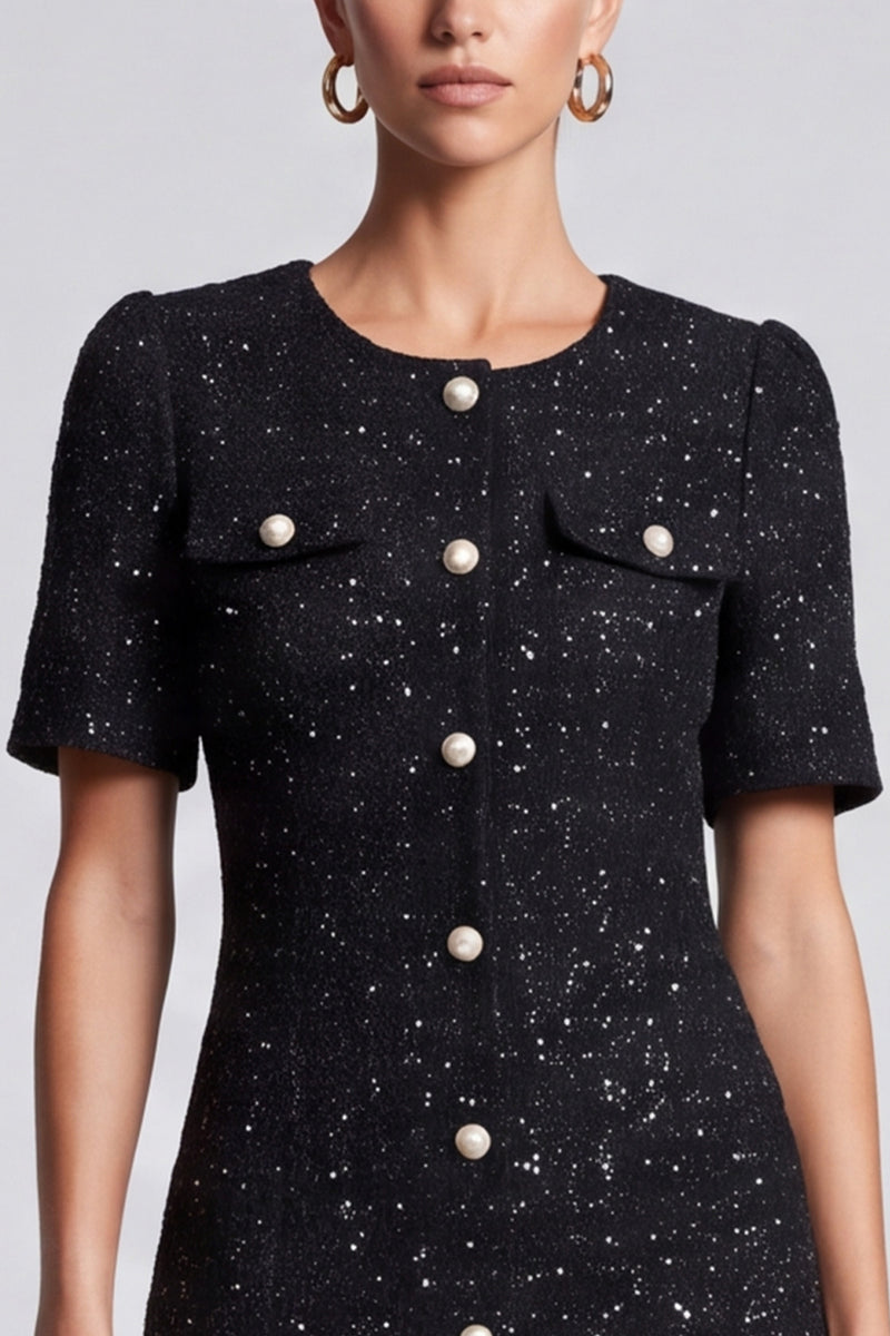Laden Sie das Bild in den Galerie-Viewer, Schwarzes Business Tweed‑Minikleid mit Perlenknöpfen