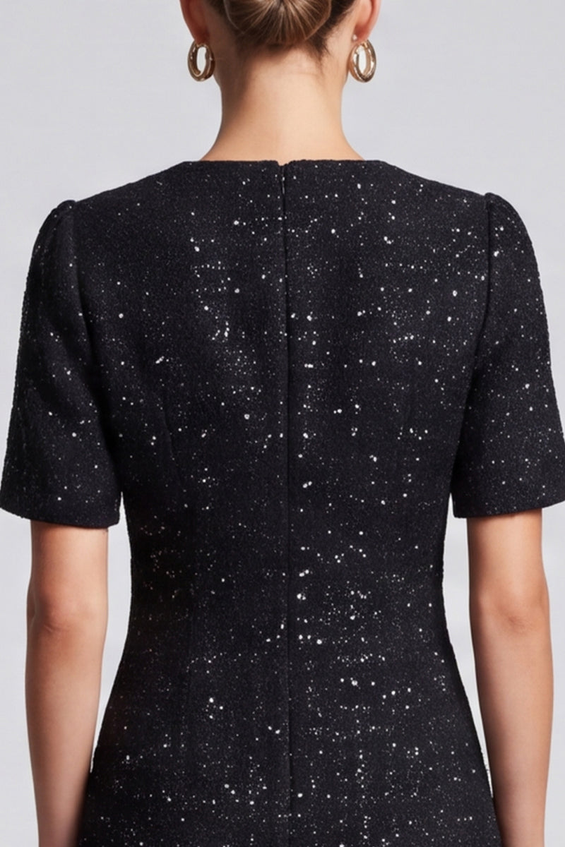 Laden Sie das Bild in den Galerie-Viewer, Schwarzes Business Tweed‑Minikleid mit Perlenknöpfen