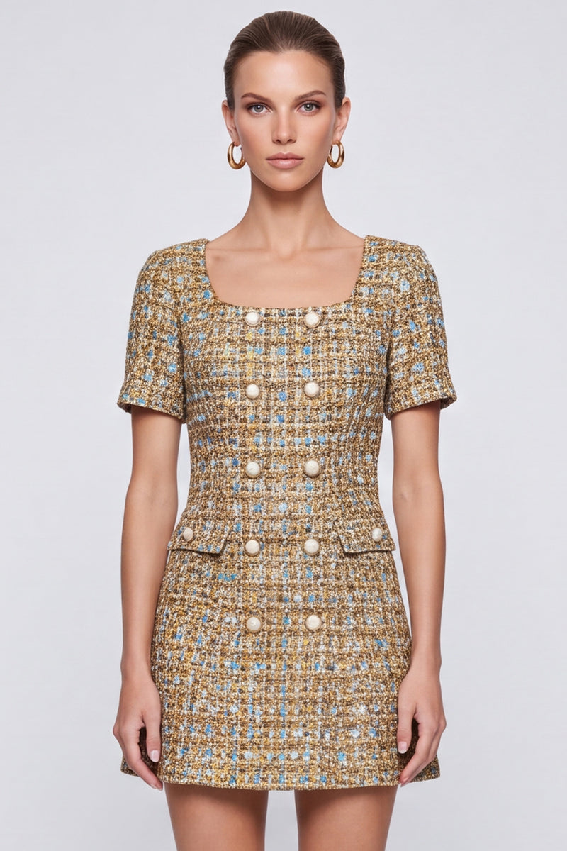 Laden Sie das Bild in den Galerie-Viewer, Champagner kariertes Tweed‑Minikleid mit Perlenknöpfen