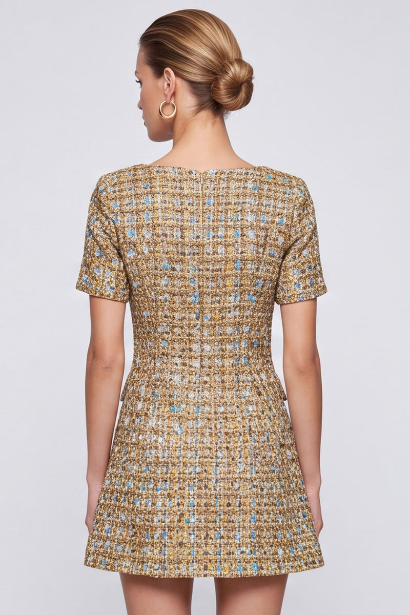 Laden Sie das Bild in den Galerie-Viewer, Champagner kariertes Tweed‑Minikleid mit Perlenknöpfen