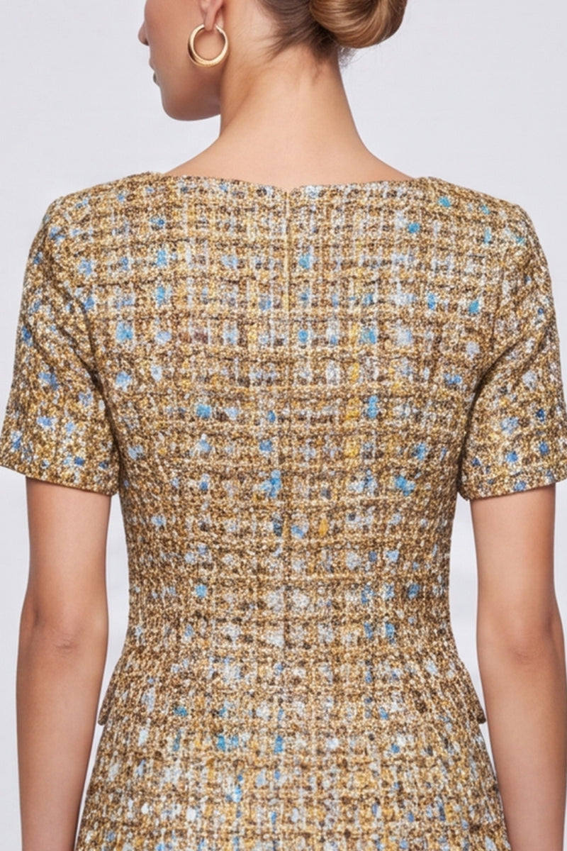 Laden Sie das Bild in den Galerie-Viewer, Champagner kariertes Tweed‑Minikleid mit Perlenknöpfen