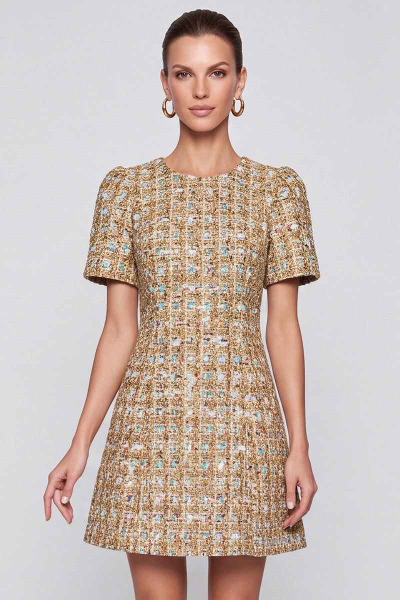 Laden Sie das Bild in den Galerie-Viewer, Champagner kariertes Tweed‑Minikleid mit Puffärmeln