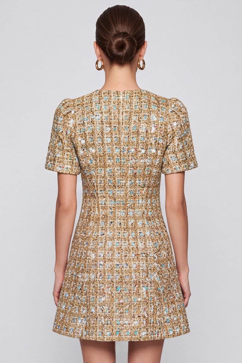 Laden Sie das Bild in den Galerie-Viewer, Champagner kariertes Tweed‑Minikleid mit Puffärmeln