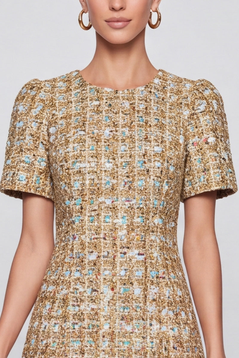 Laden Sie das Bild in den Galerie-Viewer, Champagner kariertes Tweed‑Minikleid mit Puffärmeln