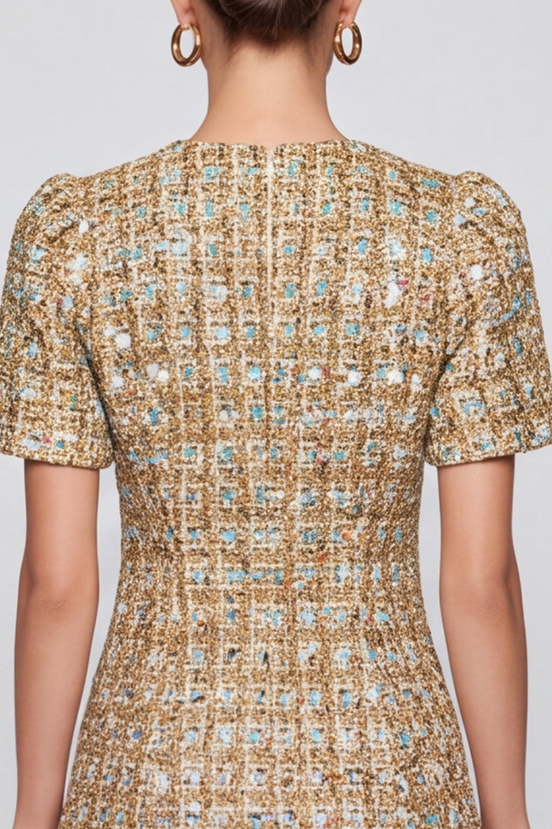 Laden Sie das Bild in den Galerie-Viewer, Champagner kariertes Tweed‑Minikleid mit Puffärmeln