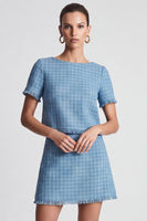 Laden Sie das Bild in den Galerie-Viewer, Blaues kariertes Businesskleid mit Fransenbesatz