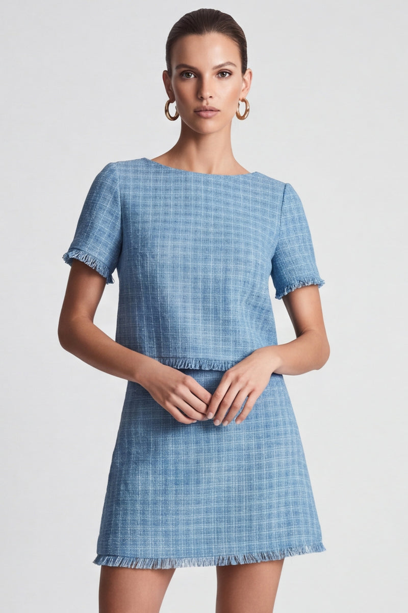 Laden Sie das Bild in den Galerie-Viewer, Blaues kariertes Businesskleid mit Fransenbesatz