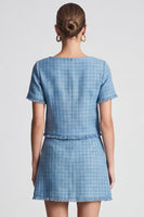 Laden Sie das Bild in den Galerie-Viewer, Blaues kariertes Businesskleid mit Fransenbesatz