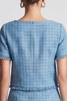 Laden Sie das Bild in den Galerie-Viewer, Blaues kariertes Businesskleid mit Fransenbesatz