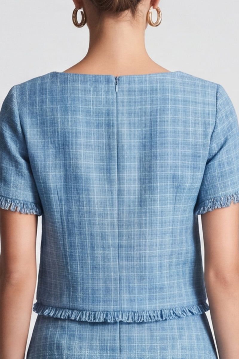 Laden Sie das Bild in den Galerie-Viewer, Blaues kariertes Businesskleid mit Fransenbesatz