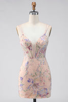 Laden Sie das Bild in den Galerie-Viewer, Bodycon Spaghetti-Träger Pailletten Blumenstickerei Korsett Kurzes Abendkleid