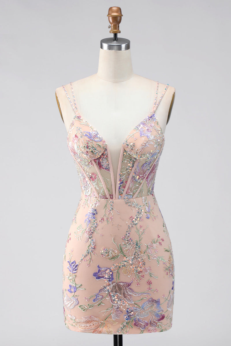 Laden Sie das Bild in den Galerie-Viewer, Bodycon Spaghetti-Träger Pailletten Blumenstickerei Korsett Kurzes Abendkleid