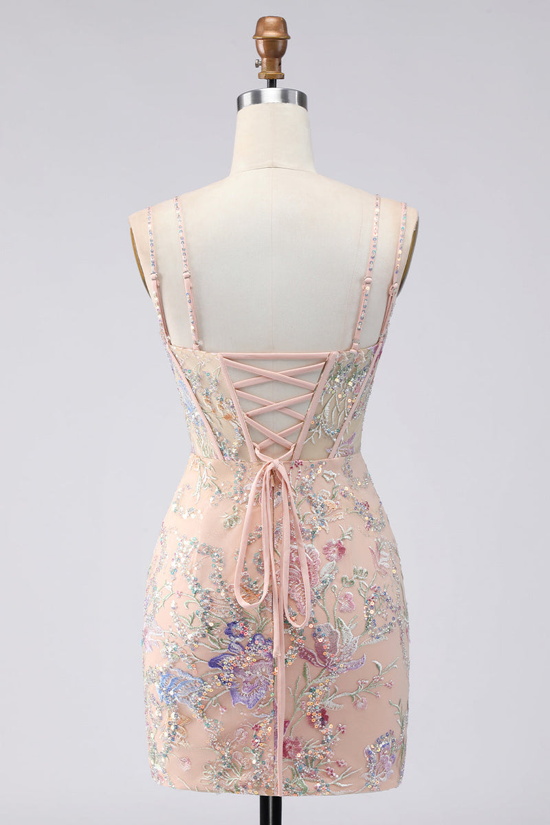 Laden Sie das Bild in den Galerie-Viewer, Bodycon Spaghetti-Träger Pailletten Blumenstickerei Korsett Kurzes Abendkleid