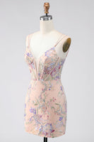 Laden Sie das Bild in den Galerie-Viewer, Bodycon Spaghetti-Träger Pailletten Blumenstickerei Korsett Kurzes Abendkleid