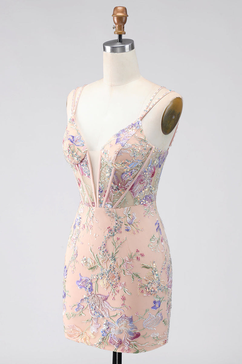 Laden Sie das Bild in den Galerie-Viewer, Bodycon Spaghetti-Träger Pailletten Blumenstickerei Korsett Kurzes Abendkleid