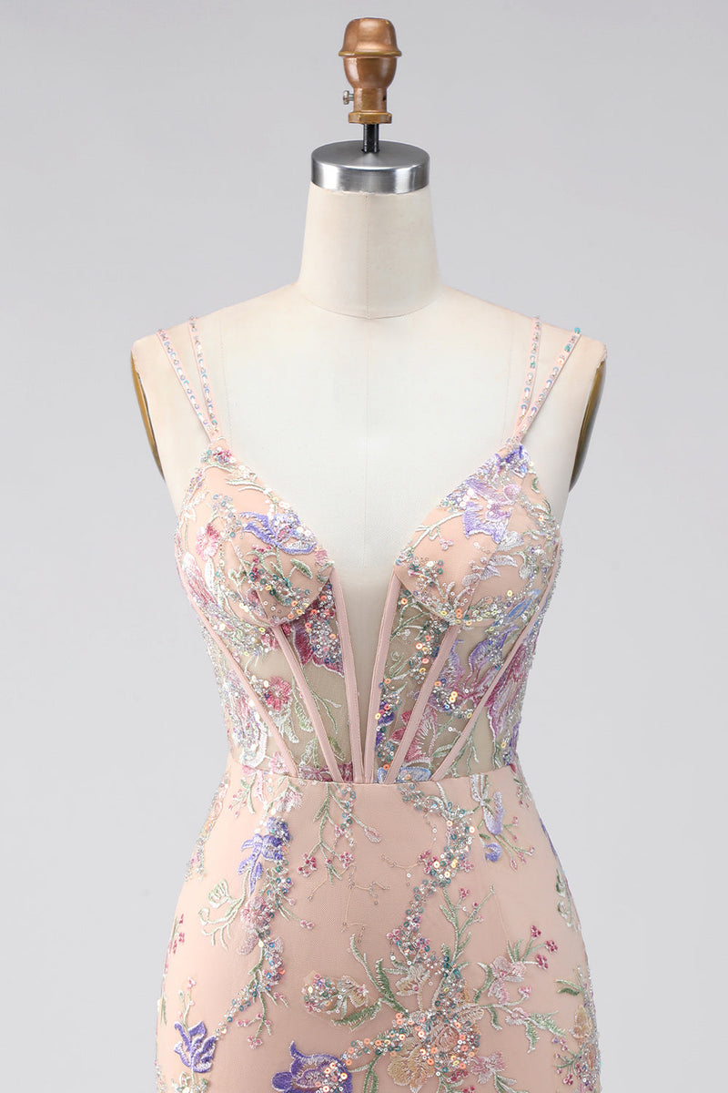 Laden Sie das Bild in den Galerie-Viewer, Bodycon Spaghetti-Träger Pailletten Blumenstickerei Korsett Kurzes Abendkleid