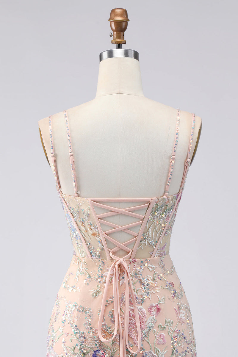 Laden Sie das Bild in den Galerie-Viewer, Bodycon Spaghetti-Träger Pailletten Blumenstickerei Korsett Kurzes Abendkleid