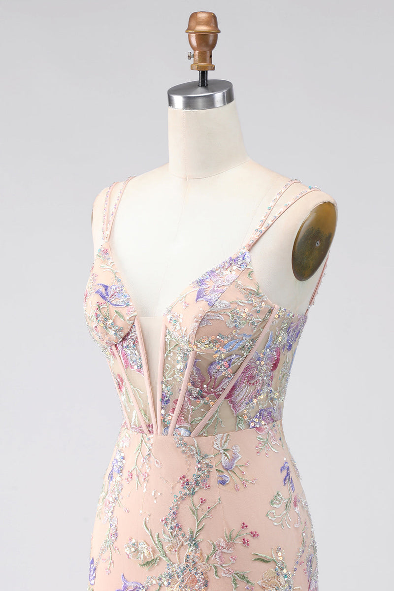 Laden Sie das Bild in den Galerie-Viewer, Bodycon Spaghetti-Träger Pailletten Blumenstickerei Korsett Kurzes Abendkleid