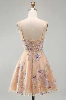 Aprikosen A-Linie Pailletten Korsett Blumenstickerei Kurzes Abendkleid