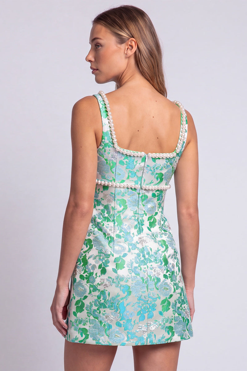 Laden Sie das Bild in den Galerie-Viewer, Hellblaues Blumen Perlen Quadratiger Ausschnitt Bodycon Kurzes Abendkleid mit Schlitz