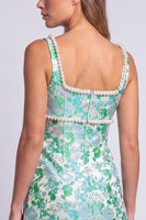 Laden Sie das Bild in den Galerie-Viewer, Hellblaues Blumen Perlen Quadratiger Ausschnitt Bodycon Kurzes Abendkleid mit Schlitz