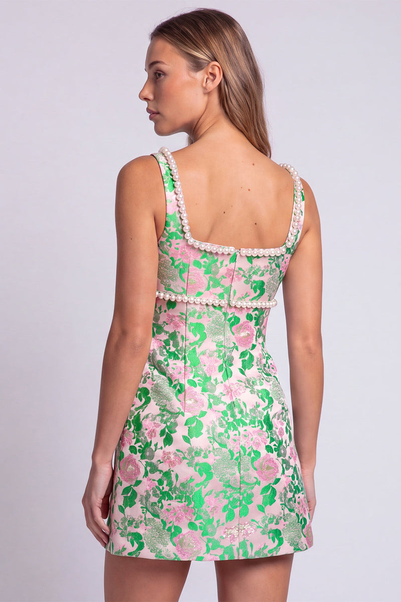 Laden Sie das Bild in den Galerie-Viewer, Hellblaues Blumen Perlen Quadratiger Ausschnitt Bodycon Kurzes Abendkleid mit Schlitz