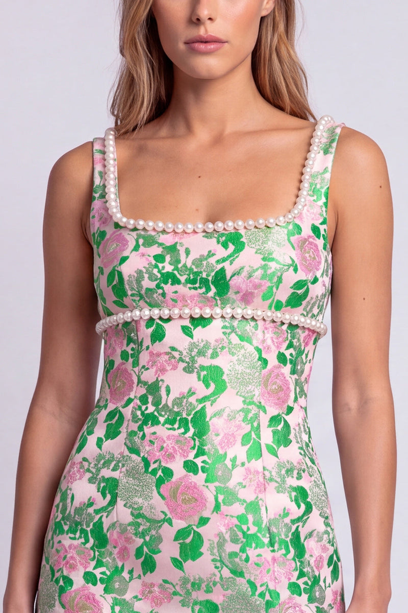Laden Sie das Bild in den Galerie-Viewer, Hellblaues Blumen Perlen Quadratiger Ausschnitt Bodycon Kurzes Abendkleid mit Schlitz