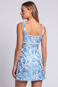 Hellblaues Blumen Perlen Quadratiger Ausschnitt Bodycon Kurzes Abendkleid mit Schlitz